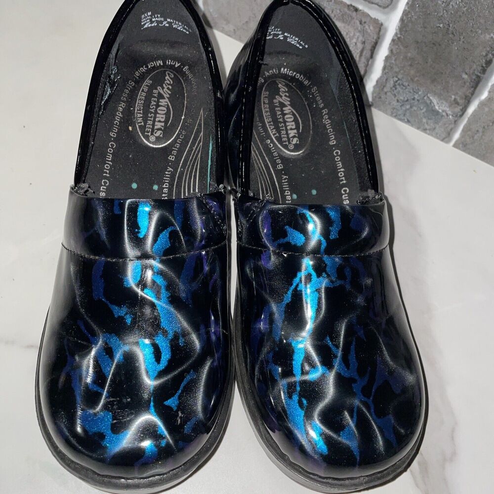 Easy Works Black Iridescent Non-Slip Anti-Fatigue Laurie Clogs Sz 8.5
